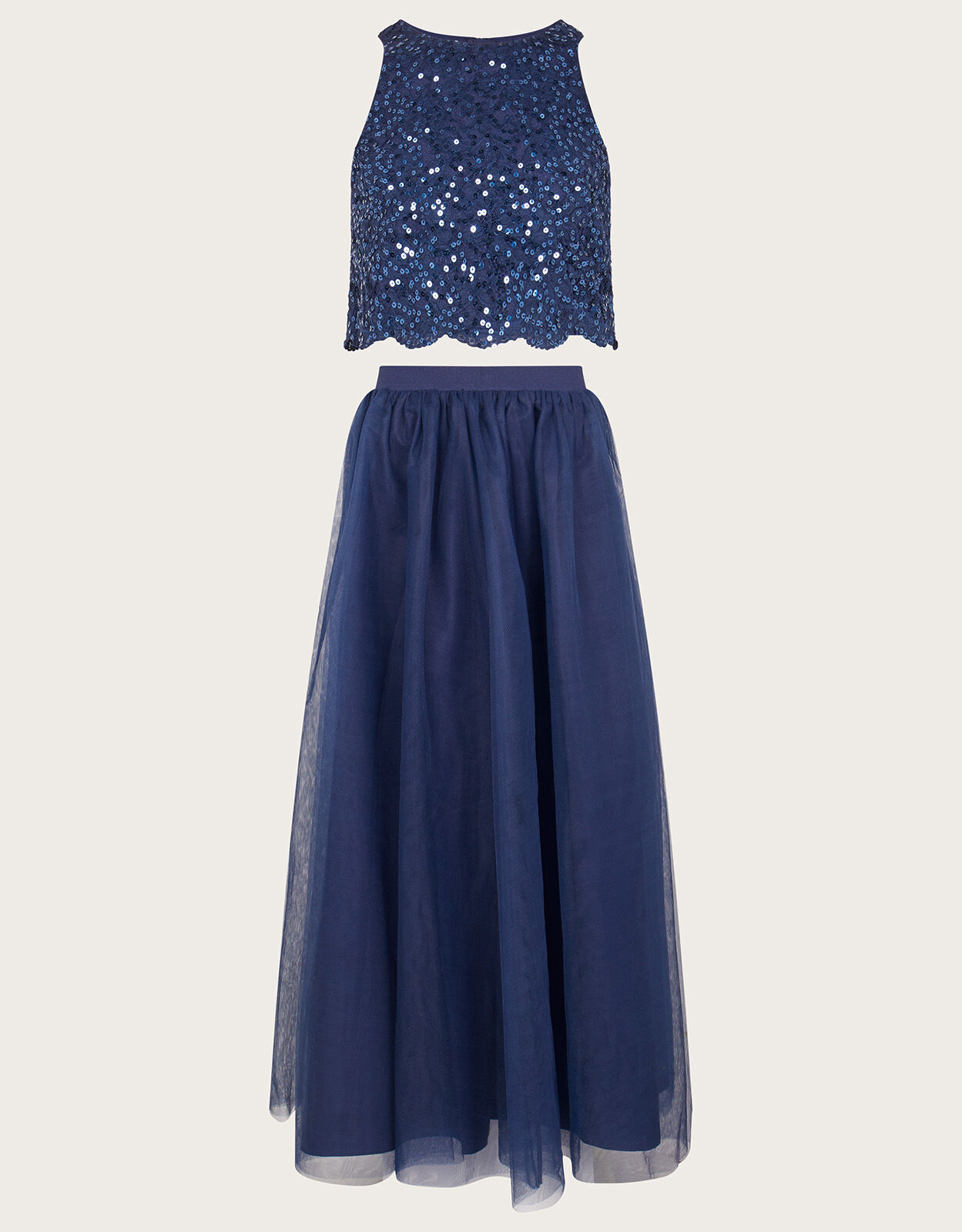 Sequin Top and Tulle Maxi Skirt Prom Set Blue