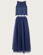 Sequin Top and Tulle Maxi Skirt Prom Set, Blue (NAVY), large