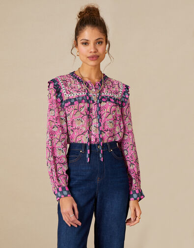 Woodblock and Floral Print Blouse Pink, Pink (PINK), large