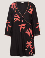 Zora Embroidered Mini Wrap Dress, Black (BLACK), large