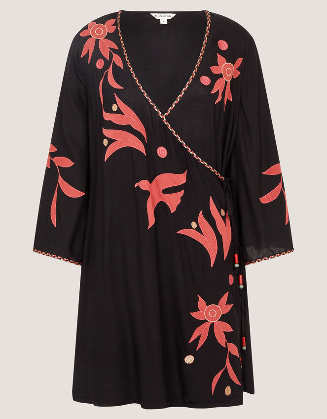 Zora Embroidered Mini Wrap Dress, Black (BLACK), large