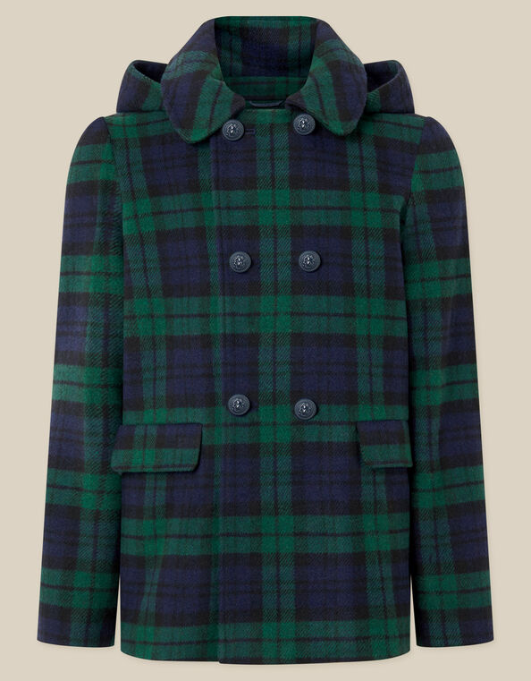 Check Print Hooded Coat, Green (GREEN), large