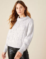 Stitchy Pearl Cowl Neck Sweater, Gray (GREY), large
