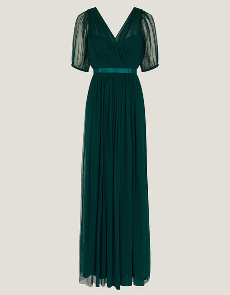 Ellie Sheer Sleeve Plunge Tulle Maxi Dress, Green (DARK GREEN), large
