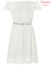 Leah Lace Bardot Dress with Belt, Ivory (IVORY), large