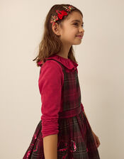 Frill Top & Tartan Pinafore Dress Set, Red (BURGUNDY), large