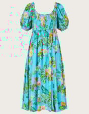 Limella Floral Print Shirred Dress in Sustainable Viscose, Blue (BLUE), large