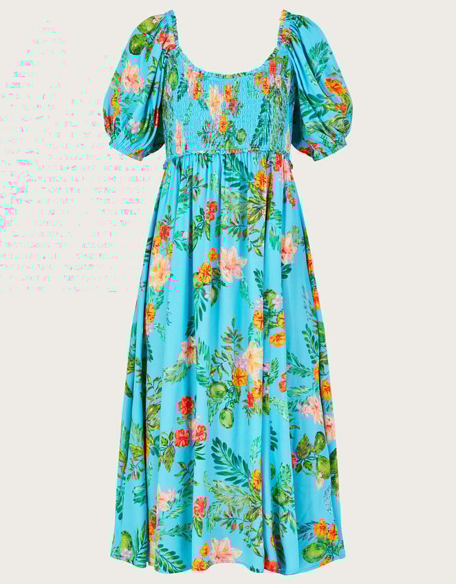Limella Floral Print Shirred Dress in Sustainable Viscose, Blue (BLUE), large