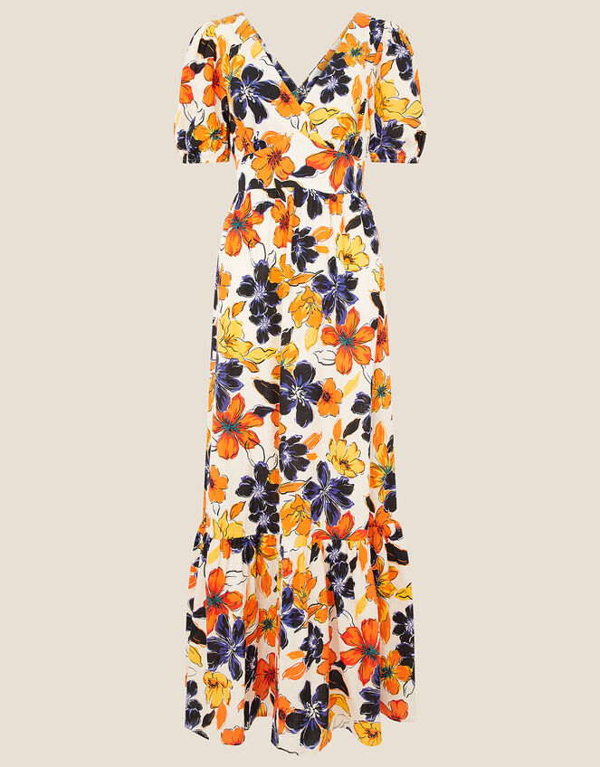 Floral Maxi Dress in Pure Cotton, Orange (ORANGE), large