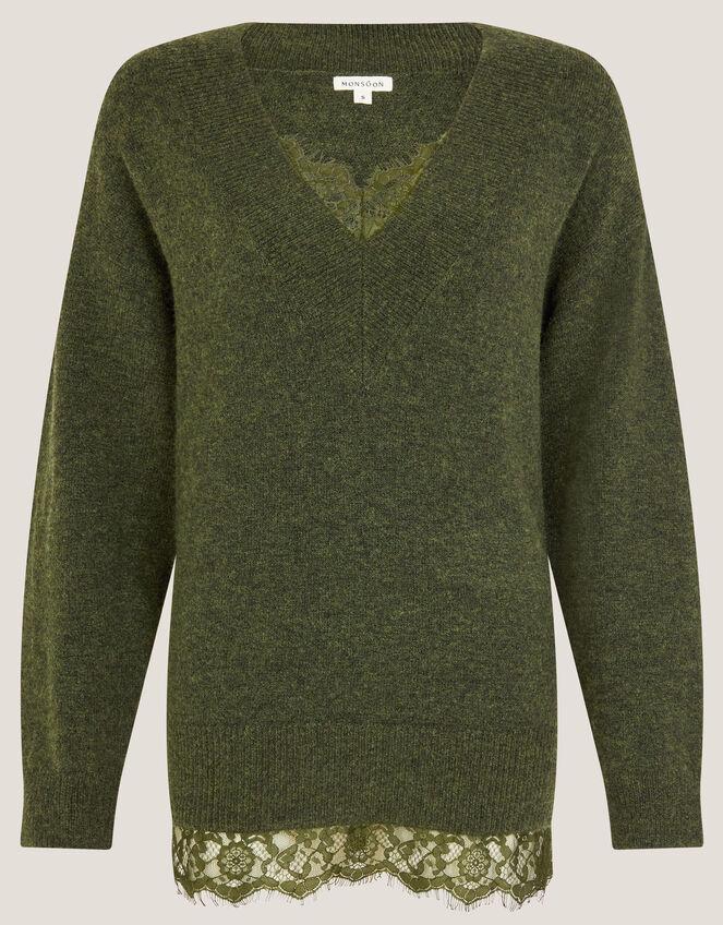 Leanne Lace V-Neck Sweater, Green (KHAKI), large