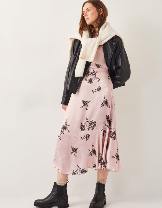 Pelia Floral Satin Ruffle Midi Dress, Pink (PINK), large