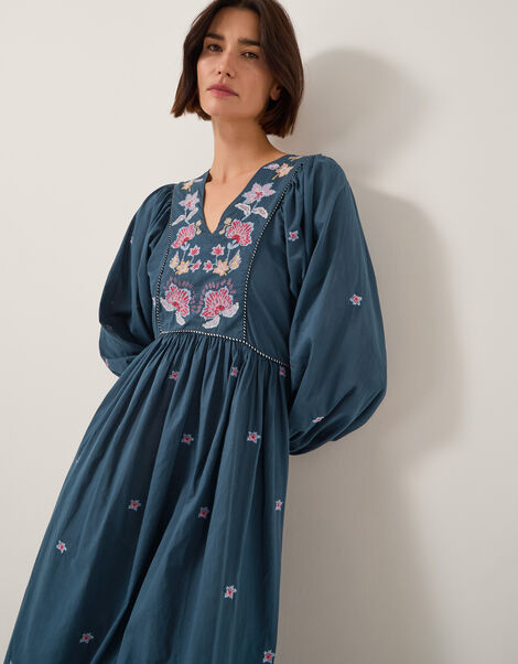 Bria Embroidered Long Sleeve Midi Dress, Blue (BLUE), large