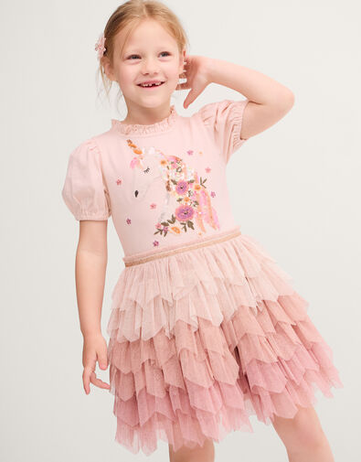 Unicorn Embellished Tiered Disco Dress, Pink (PINK), large