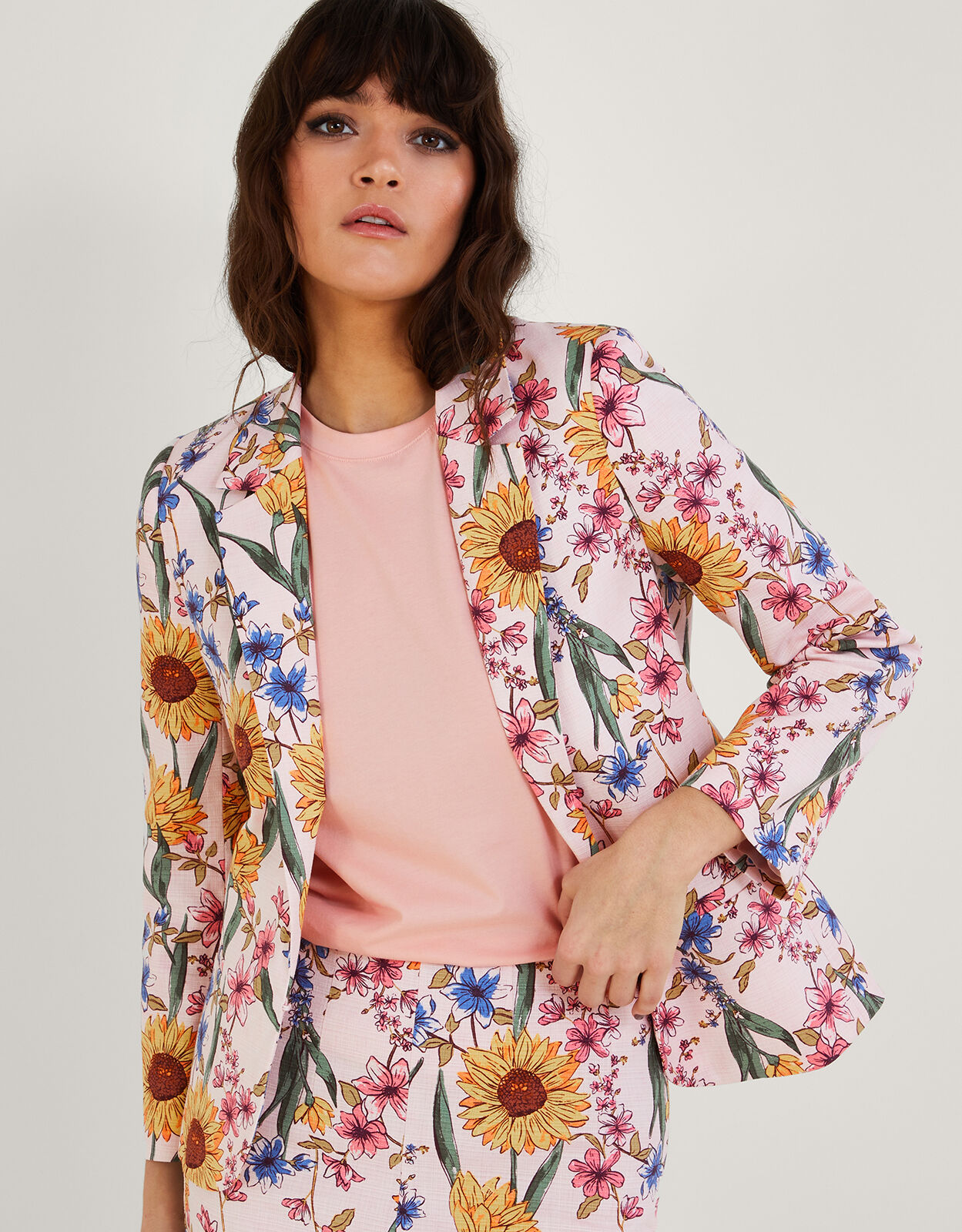Leilah Sunflower Print Jacket with Sustainable Cotton Pink Women s Jackets Monsoon Global