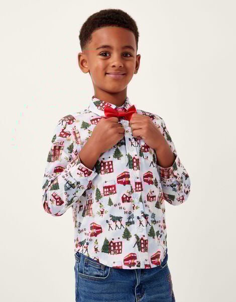 London Christmas Print Shirt & Bow Tie Set, Ivory (IVORY), large