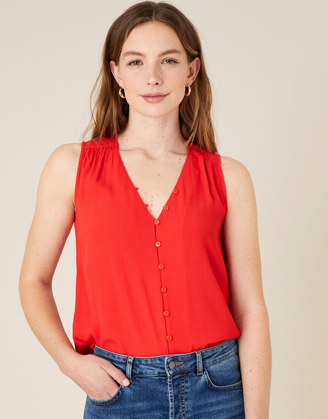 Button Front V-Neck Tank Top, Red (RED), large