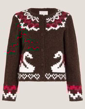 Monsoon x Sarah Corbett-Winder Swan Fair Isle Cardigan, Brown (CHOCOLATE), large