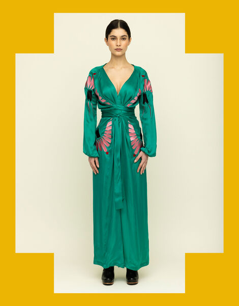 Tallulah & Hope Aziza Regular Embroidered Wrap Dress, Green (GREEN), large