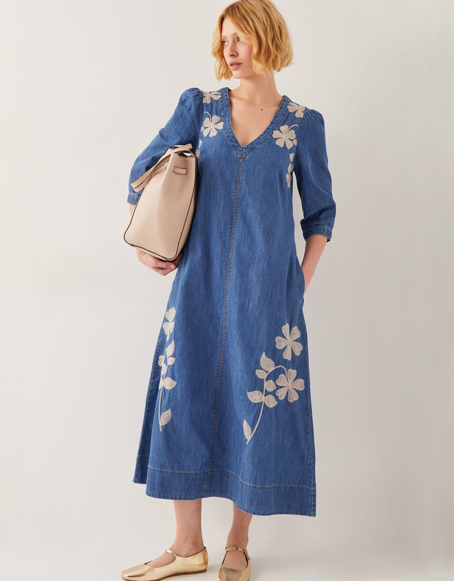 Fallon Floral Embroidered Denim Midi Dress, Blue (DENIM BLUE), large