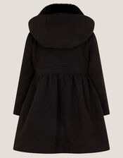 Faux Fur Collar Double-Breasted Coat, Black (BLACK), large