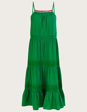 Plain Broderie Lace Trim Midi Dress in Sustainable Cotton, Green (GREEN), large