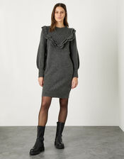 Double Frill V-Detail Dress, Grey (CHARCOAL), large