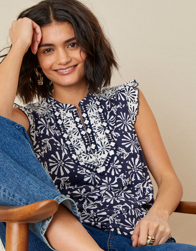 Calli Printed Sleeveless Top, Blue (NAVY), large