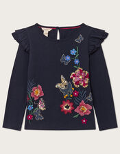 Floral Embellished Long Sleeve T-Shirt, Blue (NAVY), large