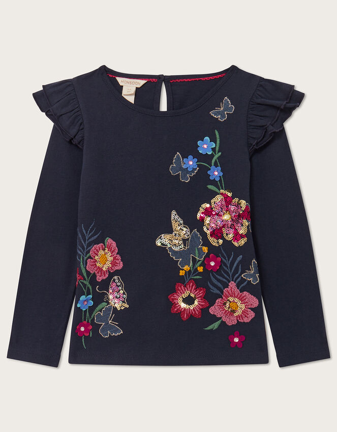 Floral Embellished Long Sleeve T-Shirt, Blue (NAVY), large