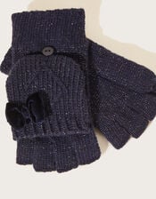 Bow Knit Capped Mitten Gloves with Recycled Polyester, Blue (NAVY), large