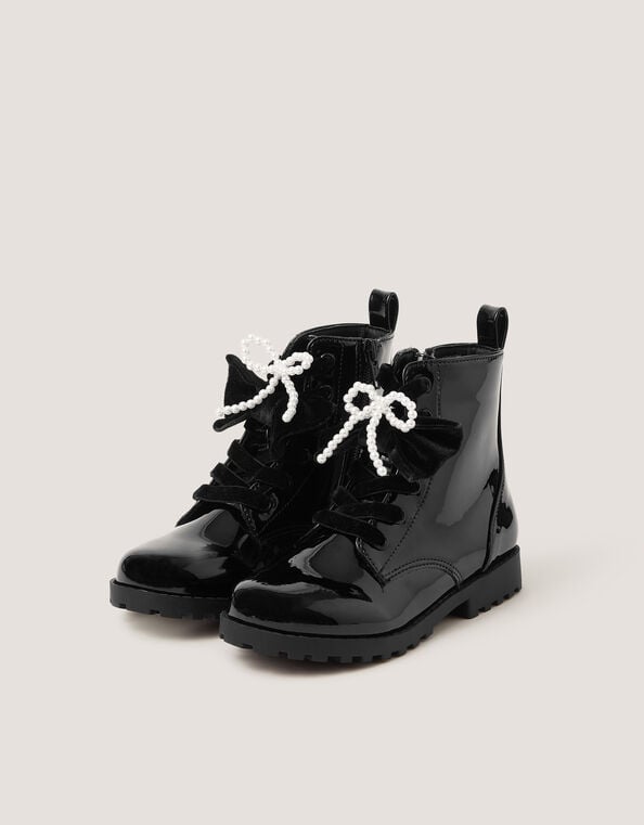 Bow Patent Lace-Up Boots, Black (BLACK), large