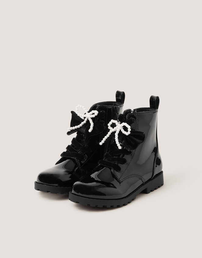 Bow Patent Lace-Up Boots, Black (BLACK), large