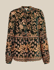 Hollie Floral Devor&eacute; Velvet Shirt, Green (GREEN), large