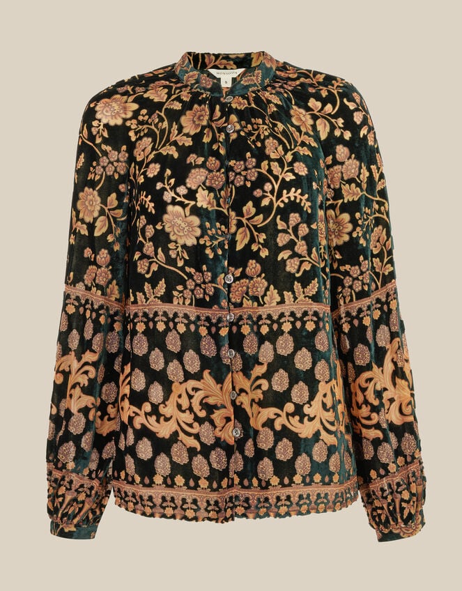 Hollie Floral Devor&eacute; Velvet Shirt, Green (GREEN), large
