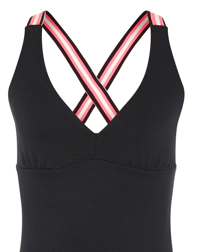 Sporty Strap Textured Swimsuit, Black (BLACK), large