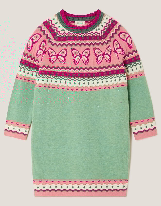 Butterfly Fair Isle Jumper Dress, Green (GREEN), large