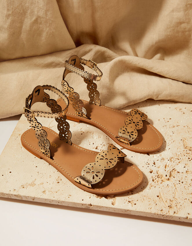 Leather Laser Cut Sandals, Gold (GOLD), large