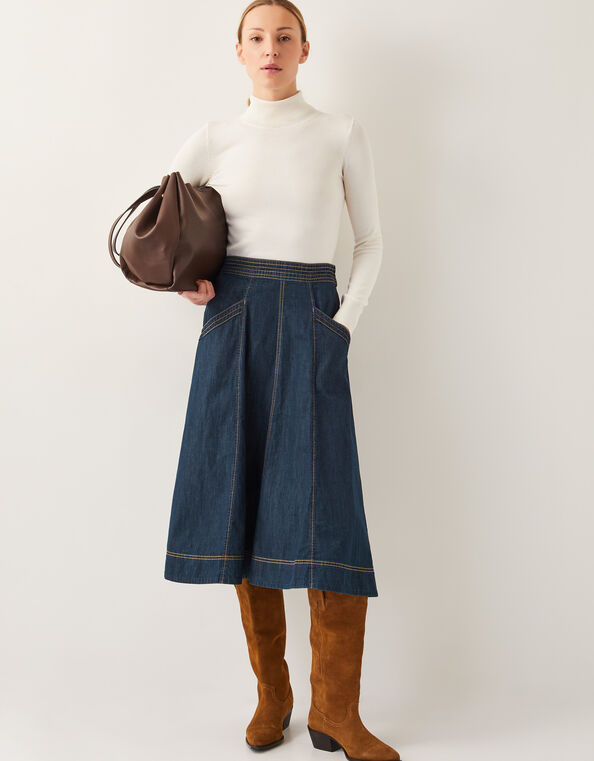 Harper Seamed Denim Midi Skirt, Blue (INDIGO), large