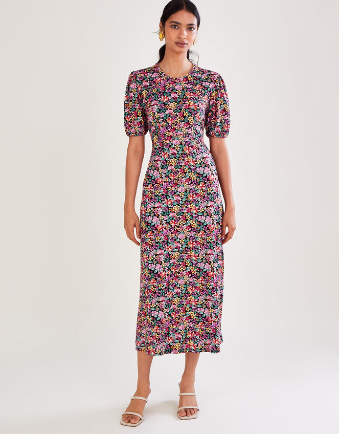 Vintage Floral Jersey Dress, Black (BLACK), large