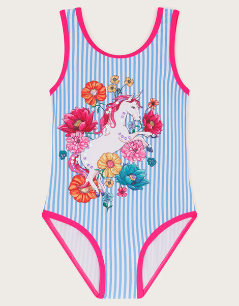 Unicorn Stripe Print Swimsuit, Blue (BLUE), large
