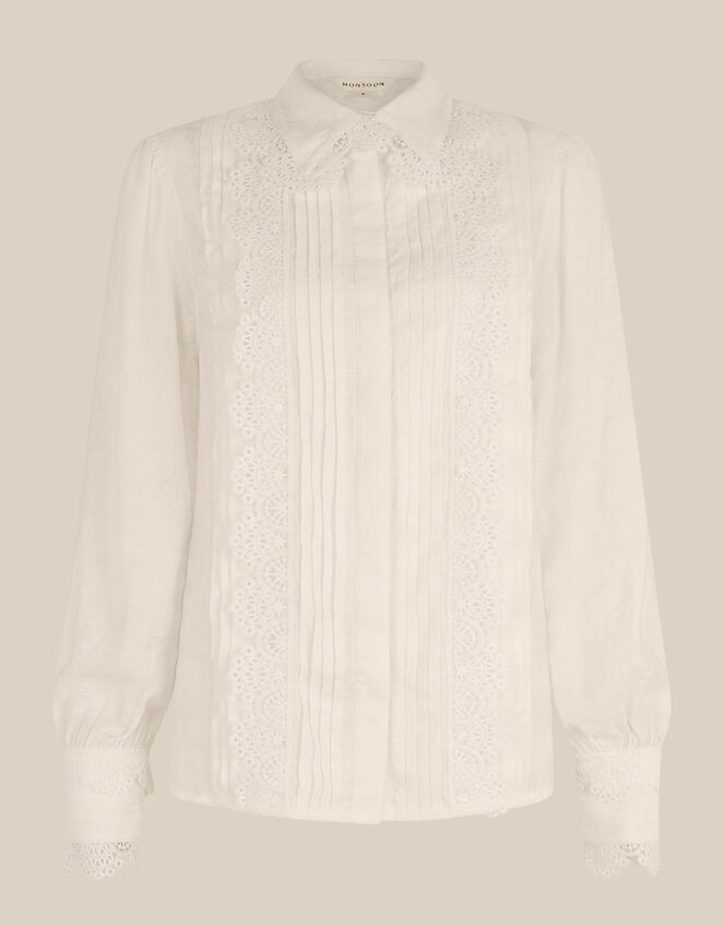 Janine Pintuck Lace Floral Shirt, Ivory (IVORY), large