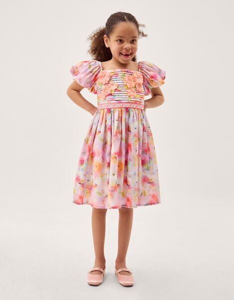 Floral Broderie Puff Sleeve Party Dress, Multi (MULTI), large