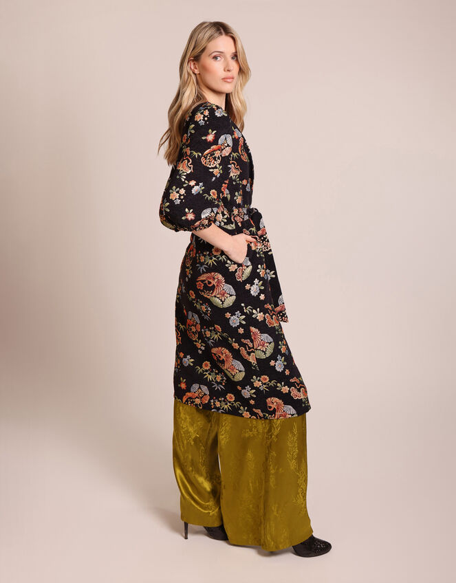 Traffic People Floral Puff Sleeve Duster Coat, Black (BLACK), large