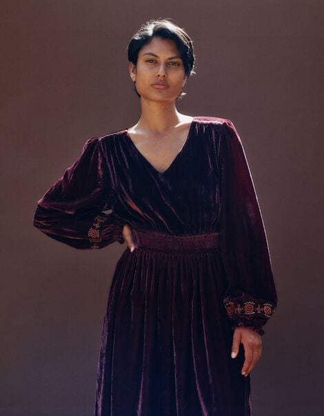 East Everly Floral Embroidered Velvet Maxi Dress, Purple (PLUM), large