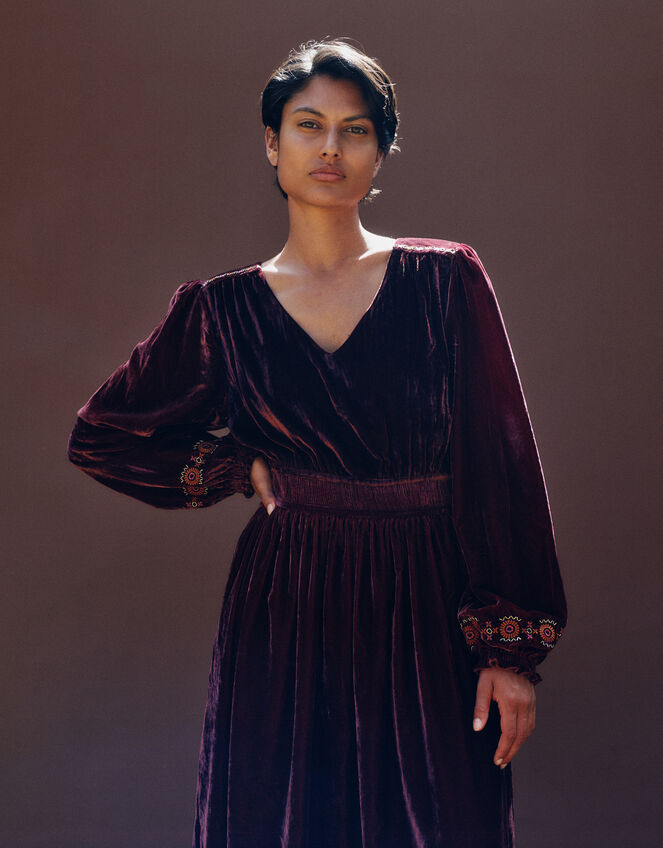 East Everly Floral Embroidered Velvet Maxi Dress, Purple (PLUM), large