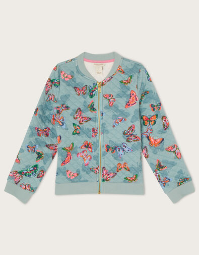Butterfly Print Quilted Bomber Jacket Blue, Blue (AQUA), large
