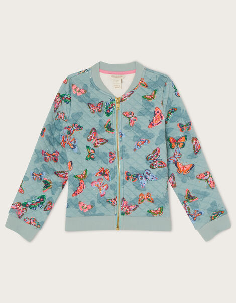 Butterfly Print Quilted Bomber Jacket, Blue (AQUA), large