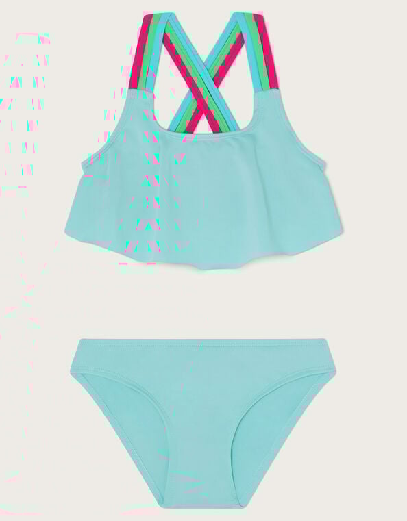 Cross Strap Frilly Bikini Set, Blue (TURQUOISE), large