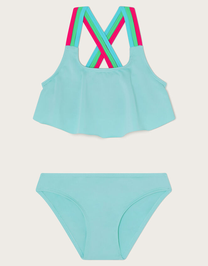 Cross Strap Frilly Bikini Set, Blue (TURQUOISE), large