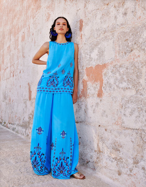 Embroidered Wide Leg Trousers in LENZING™ ECOVERO™, Blue (BLUE), large